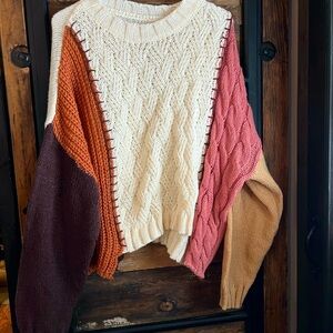Colorful Patchwork Cable Knit Sweater